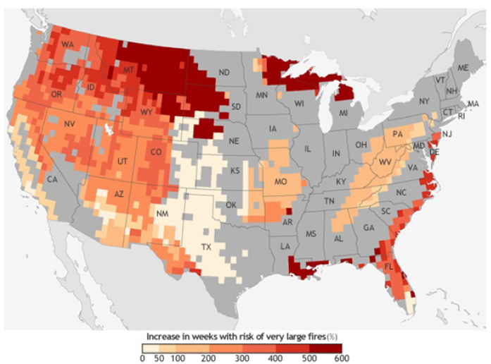 US Map showing areas of increased fire risk